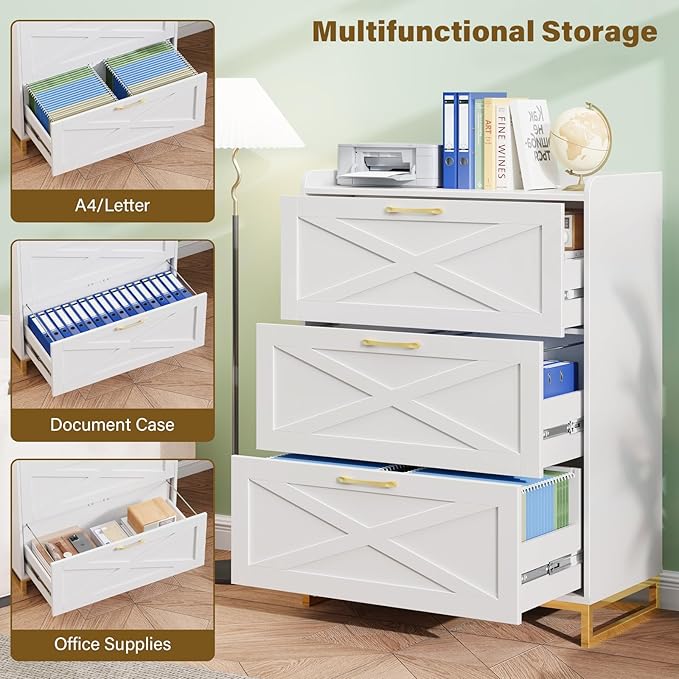 File Cabinet 3 Drawers Lateral File Cabinet with Charging Station for Letter/Legal/A4 Size Hanging Files, Large Wood File Storage Cabinets Printer Stand for Home Office, White and Gold