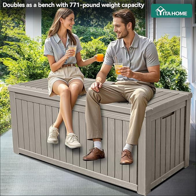 YITAHOME 150 Gallon Large Outdoor Storage XL Deck Box w/Divider for Patio Furniture,Outdoor Cushions, Garden Tools, Sports Equipment and Pool Supplies, Waterproof, Resin, Lockable, Taupe