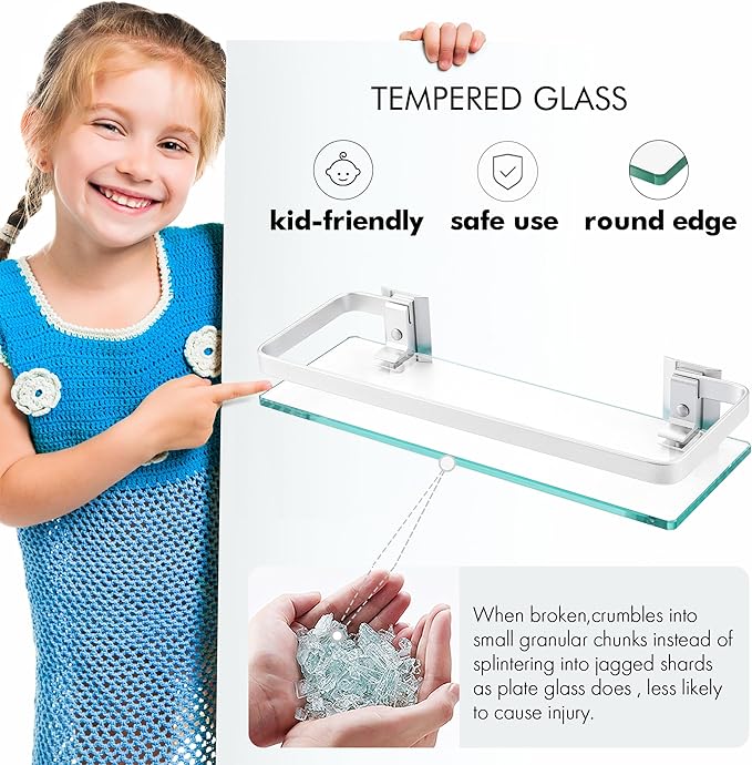 KES 3 Pack Glass Shelf for Bathroom, Glass Bathroom Shelf Floating Glass Shelf for Wall Aluminum Extra Thick 8MM Tempered Glass Shelves Rectangular Wall Mount Silver, A4126A-P3