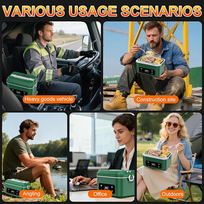 Heated Lunch Box,Pro 24000mah Electric Lunch Box,Battery Powered, 5.5 Cups Portable Food Heater-3D-5 Side Heating-Intelligent Temperature Control,Suitable For Trucks,Offices, Outdoors(Army/Green)