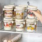 6 Pack Overnight Oats Containers with Lids and Spoons, 16 oz Glass Mason Overnight Oats Jars, Large Capacity Airtight Jars for Milk, Cereal, Fruit(Beige）