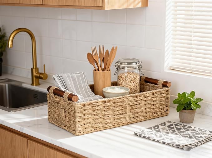 Back of Toilet Basket with Wood Handles, Khaki Wicker Toilet Paper Basket for Toilet Tank Top, Narrow Toilet Tank Basket, Bathroom Basket Organizer for Wipes & Essentials