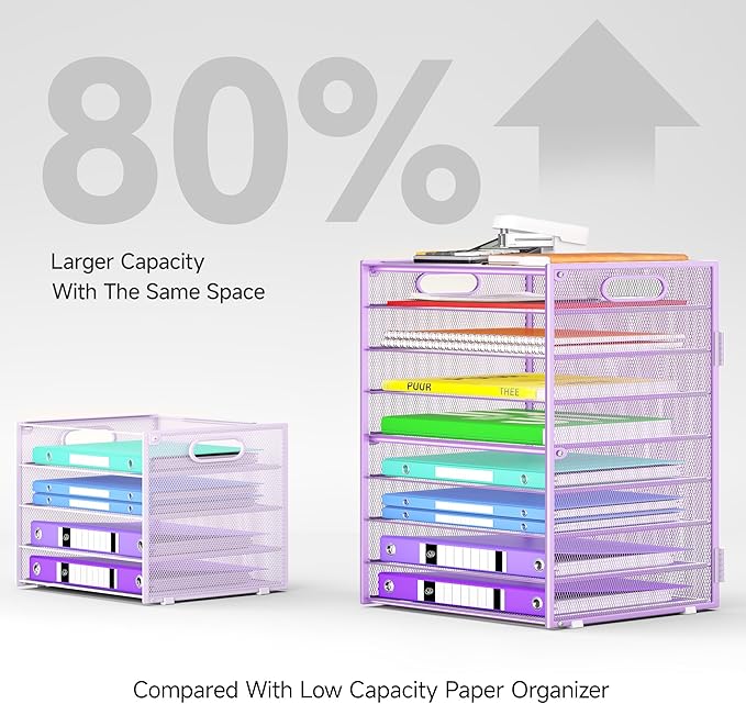 9 Tier Paper Organizer with Handle, Purple Large Capacity Desk Organizer Mesh File Folder Letter Paper Tray Desktop Document Sorter for Classroom, School, and Office Accessories Organization