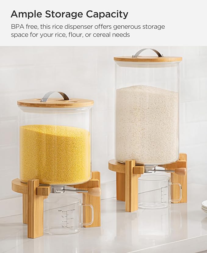 HBlife 14-16 Lbs Glass Rice Dispenser with Wooden Stand Flour and Cereal Container with Glass Measuring Cup Pantry Food Organization Storage Bin with Airtight Bamboo Lid, 8L