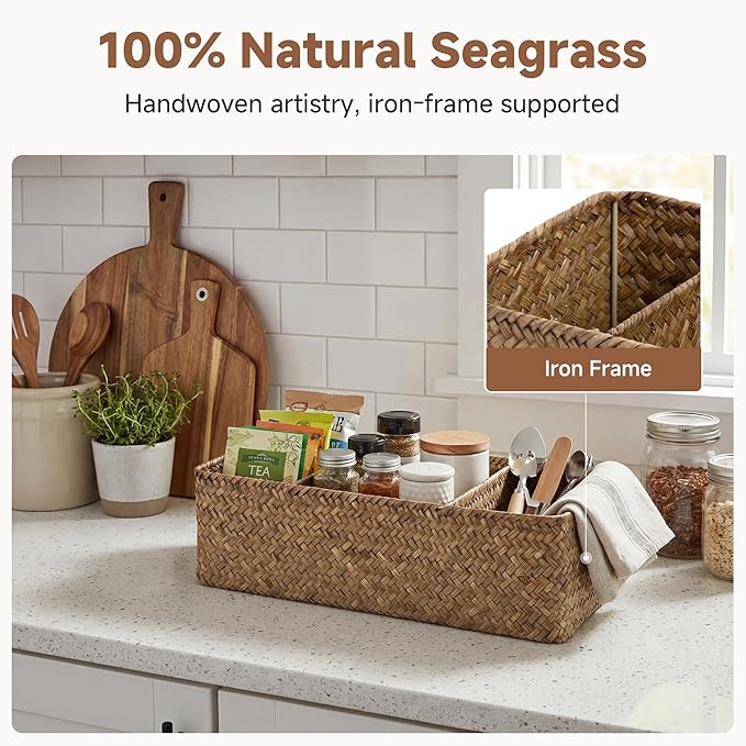 StorageWorks Toilet Paper Basket for Back of Toliet，with 3-Compartments, Bathroom Basket Organizer, Seagrass Toilet Tank Basket, Brown, 2-Pack