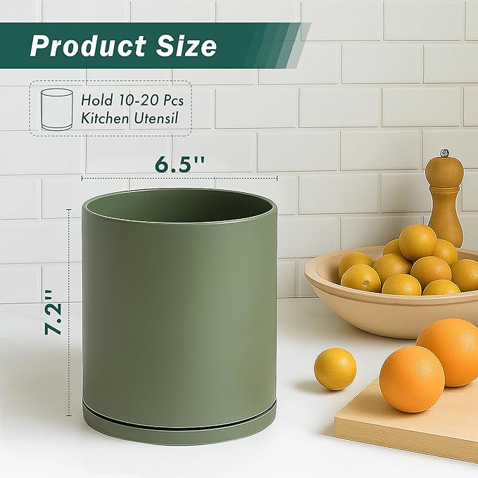 D'vine Dev 360° Rotating Utensil Holder – 7.2" Kitchen Utensil Crock for Countertop, Modern Cooking Tool Organizer for Kitchen Storage & Décor, Olive, 72-X-C-2