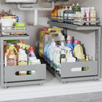 Under Sink Organizer Upgrade To Professional Rails,2-Tier Dual Pull Out Cabinet Storage,Height Adjustable Slide Out Drawers For Bathroom Kitchen,2 Pack-21"Dx12.8"-16.9"H,Gun Gray