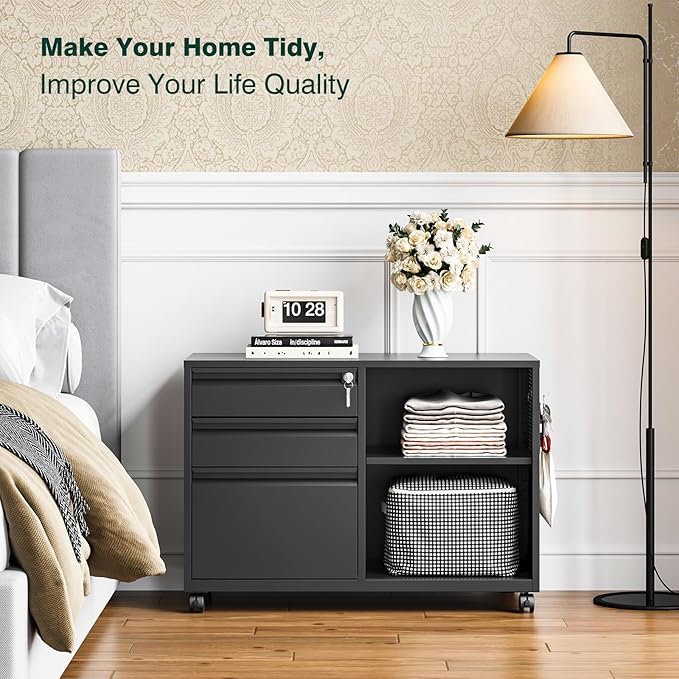 3 Drawer File Cabinet with Lock,Mobile Lateral Filing Cabinet with Side Hook for Letters/Legal/A4, Metal Printer Stand Storage Cabinets with Shelves for Home Office(Black)
