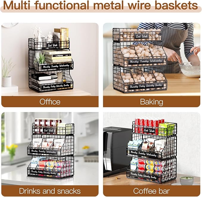 Egg Holder Countertop with 5 Dividers & Labels, 2 Tier Stackable Chicken Egg Baskets for Gathering Fresh Eggs, Egg Organizer for Countertop/Wall-Mounted, Black
