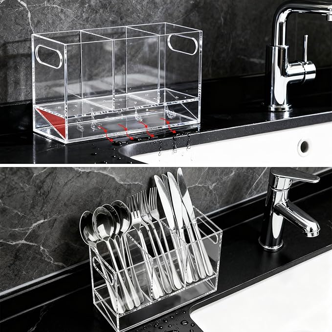 Utensil Holder, 3 Compartments Utensil Drying Rack with Automatic Drain Tray for Kitchen Counter, Transparent Acrylic Organizer for Silverware Cutlery Spoons, Forks, Knifes, Chopsticks (Clear)