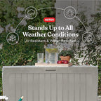 Keter Marvel Plus 71 Gallon Resin Outdoor Storage Box for Patio Furniture Cushions, Throw Pillows, Garden Tools and Pool Floats, Beige