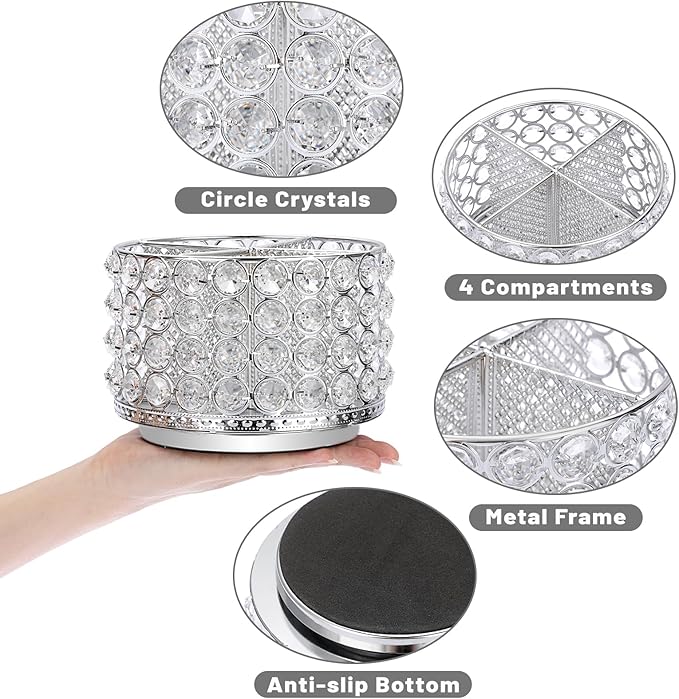 BTSKY Crystal 360 Degree Rotating Desk Organizer Decorative Storage Box with 4 Compartments, Glitter Metal Makeup Brush Holder Elegant Storage Caddy Home Decor Gift for Women, Round-4 Slots Silver