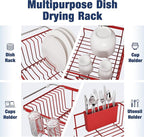 JASIWAY Red in Sink Dish Drying Rack, Expandable Stainless Steel Small Dish Rack Over Kitchen Sink, Plate Drainer Strainer with Cutlery Holder & Cup Holders, Counter Space Saving Wire Dryer Rack