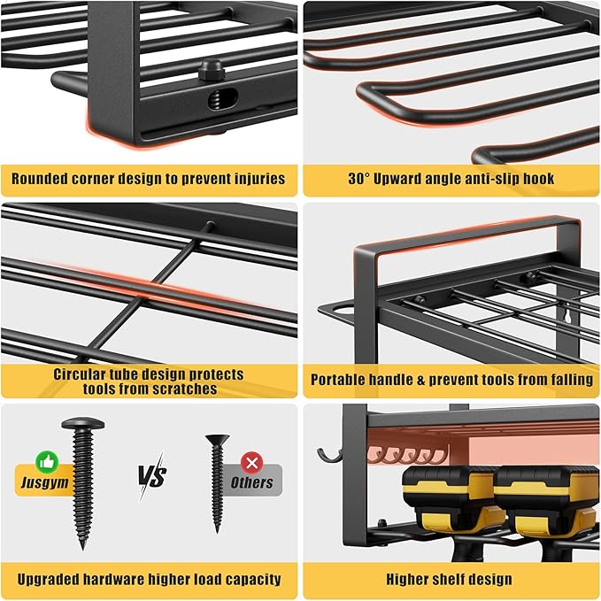 Power Tool Organizer Wall Mount, 4-Tier Tool Storage Rack with 8 Drill Holders, 200LBS Load Heavy Duty Cordless Tool Shelf for Garage Organization, Gift for Men