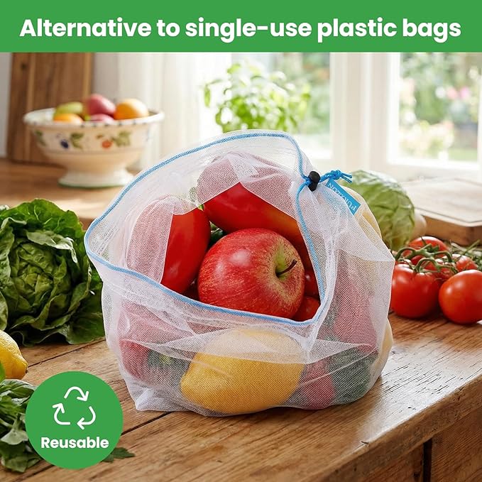18 PCS Reusable Produce Bags, Heavy Duty Washable Mesh Grocery Bags with Drawstring, See-Through Food Safe Mesh for Fruits Vegetables Toy Storage, Multi-Size S/M/L