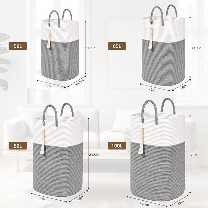 Woven Laundry Basket for Clothes, 100L Large Rectangle Laundry Hampers with Beads Tassel, Nursery Storage Basket for Toys, Tall Dirty Clothes Hamper for Bedroom Aesthetic, Laundry Room Organization