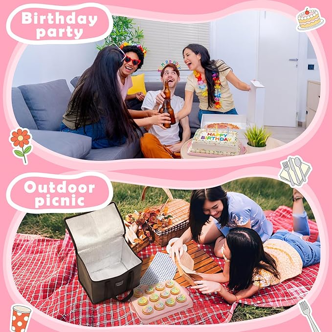 14.7 x 10.9 x 5.9 Inch Rectangle Cake Carrier with Lid and Handle Includes Cupcake Pie Holders Large Waterproof Portable Insulated Bag Pink Cake Carrier with Insert for Secure Dessert Delivery