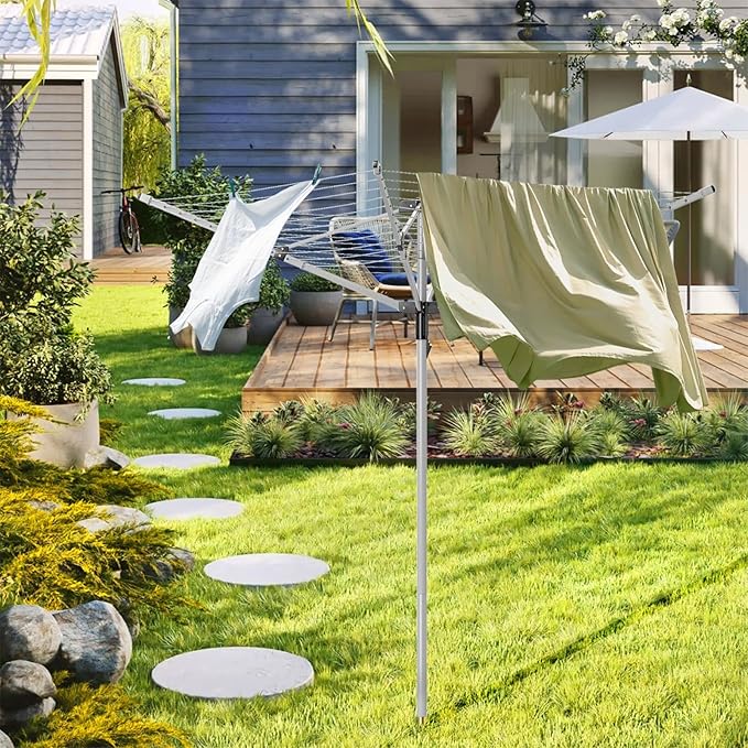 Outdoor Umbrella Drying Rack, 4-Aluminum Arms Folding Rotary Dryer with 12 Lines 165 ft Drying Space Adjustable Height Clothesline w/Waterproof Cover & Ground Spike for Garden Backyard(Grey)