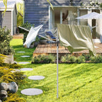 Outdoor Umbrella Drying Rack, 4-Aluminum Arms Folding Rotary Dryer with 12 Lines 165 ft Drying Space Adjustable Height Clothesline w/Waterproof Cover & Ground Spike for Garden Backyard(Grey)