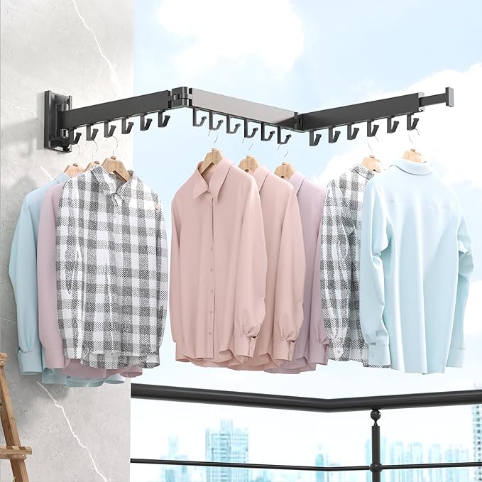Drying Rack Clothing,Clothes Drying Rack Wall Mounted,Collapsible Hanging Racks for Laundry,Laundry Drying Rack,Wall Mounted Clothes Rack(31.5"-White) (Black-Hooks, Tri-Fold)