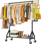 Heavy Duty Clothes Rack Load 450 LBS, Metal Garment Rack, Standing Rolling Clothing Rack for Hanging Clothes with Sturdy Wheels & Shelves, Portable Closet Wardrobe Rack,Black