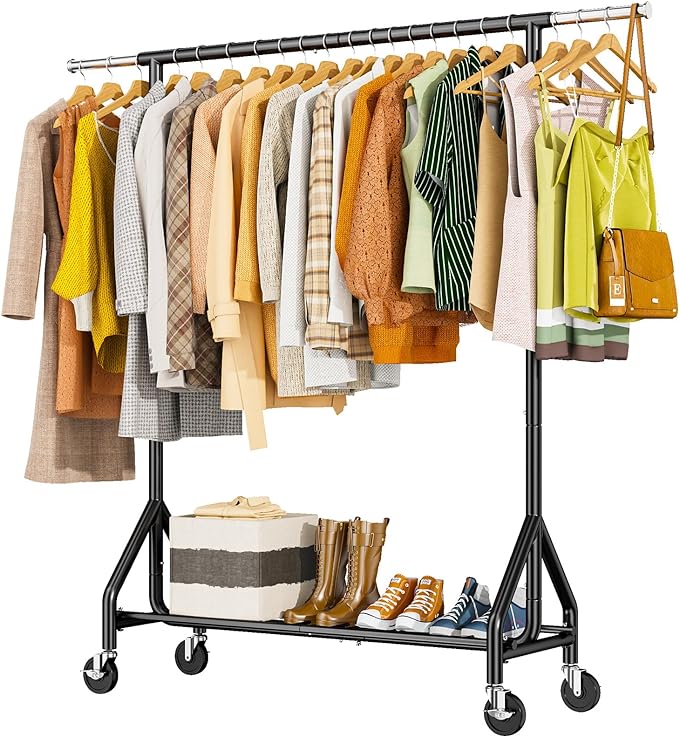 Heavy Duty Clothes Rack Load 450 LBS, Metal Garment Rack, Standing Rolling Clothing Rack for Hanging Clothes with Sturdy Wheels & Shelves, Portable Closet Wardrobe Rack,Black
