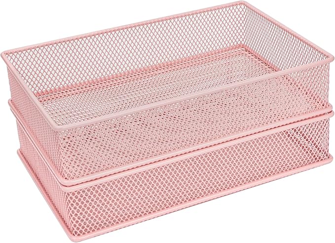 Annova Mesh Stackable Drawer Cabinet and Shelf Organizer Bins Storage Basket School Office Supply Holder Tray- Set of 2 (Light Pink, 6x9x2 Inch)