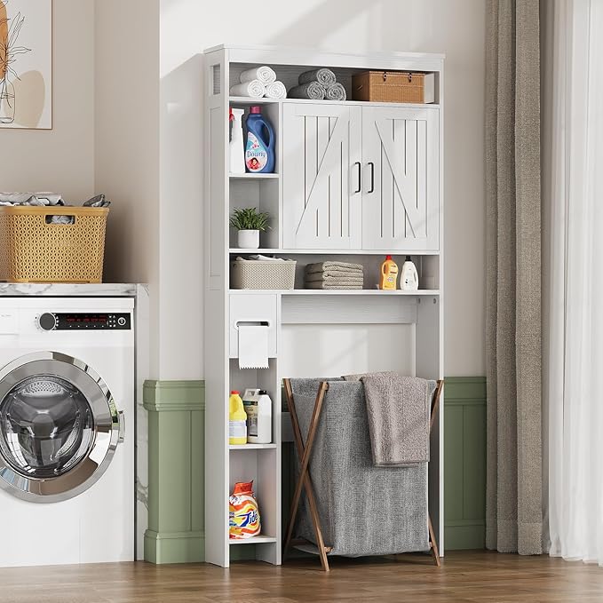 Over The Toilet Storage Cabinet, Farmhouse Storage Cabinet Over Toilet with 2 Barn Door & Toilet Paper Holder Stand, Freestanding Space-Saving Toilet Storage Rack for Bathroom Laundry, White
