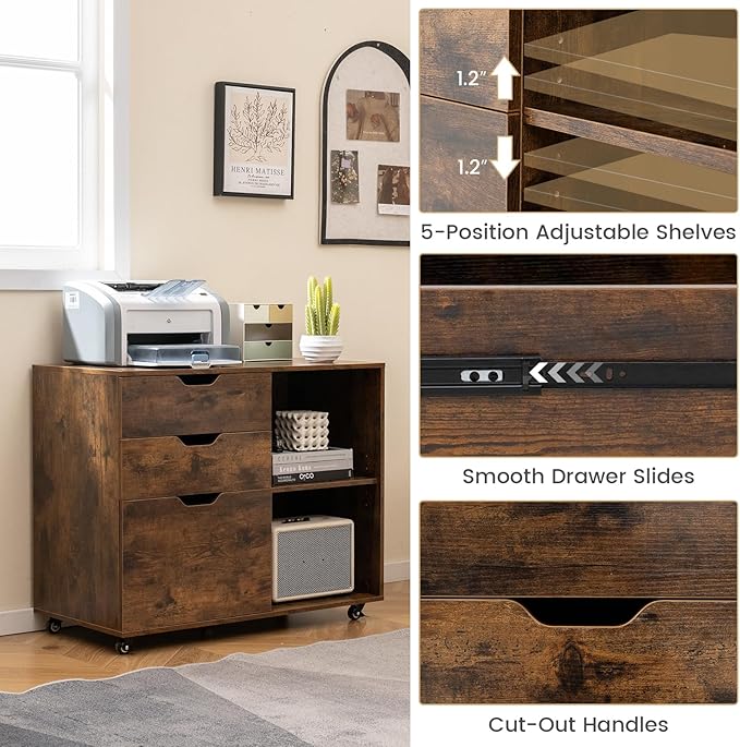 Giantex 3 Drawer File Cabinet, Office Storage Cabinet Fits Files Letter, A4, Legal Size, Rolling Printer Stand with Adjustable Shelf, Office Organization and Storage, Lateral Filing Cabinet (Brown)