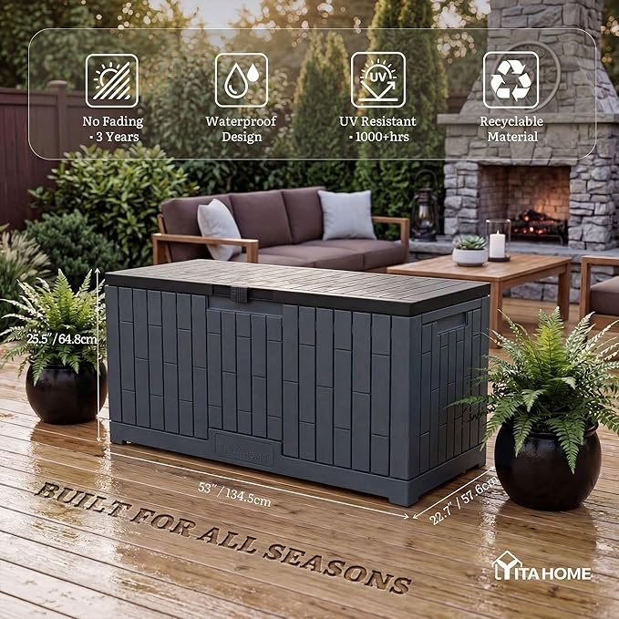 YITAHOME Outdoor Storage Box, 120 Gallon Waterproof Deck Box for Garden Tools, Patio Cushions, and Pool Accessories, Lockable, Easy Assembly, Versatile Bench or Table (Dark Gray)