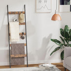 Blanket Ladder, 5-Tier Towel Holder with 4 Removable Hooks, Farmhouse Wall Leaning Decorative Rack Shelf, Wooden Towel Display Rack, Quilt Ladder for Living Room, Bedroom, Rustic Brown