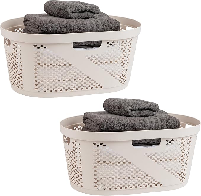 Mind Reader 40L Ventilated Laundry Baskets, Lightweight Clothes Hamper with Cutout Handles for Bathrooms and Closets, Plastic, Set of 2, Ivory