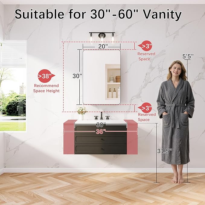 Medicine Cabinet 20x30 Inch, Aluminum Bathroom Mirror Cabinet with Storage, Recessed or Surface Mount, Black Vanity Storage Unit with 3 Anti-Tip Adjustable Acrylic Shelves, Soft Close Hinge