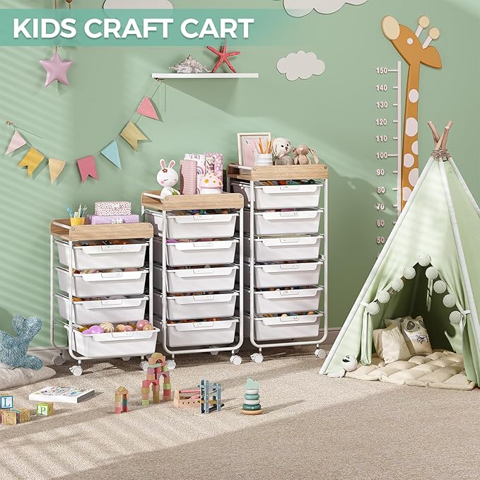 Rolling Craft Storage Cart with 4 Drawers,Utility Cart with Drawers,Art Craft Organizers and Storage,Kids Craft Cart,Kids Art Cart With DIY Lable and Wooden Tabletop Area,White