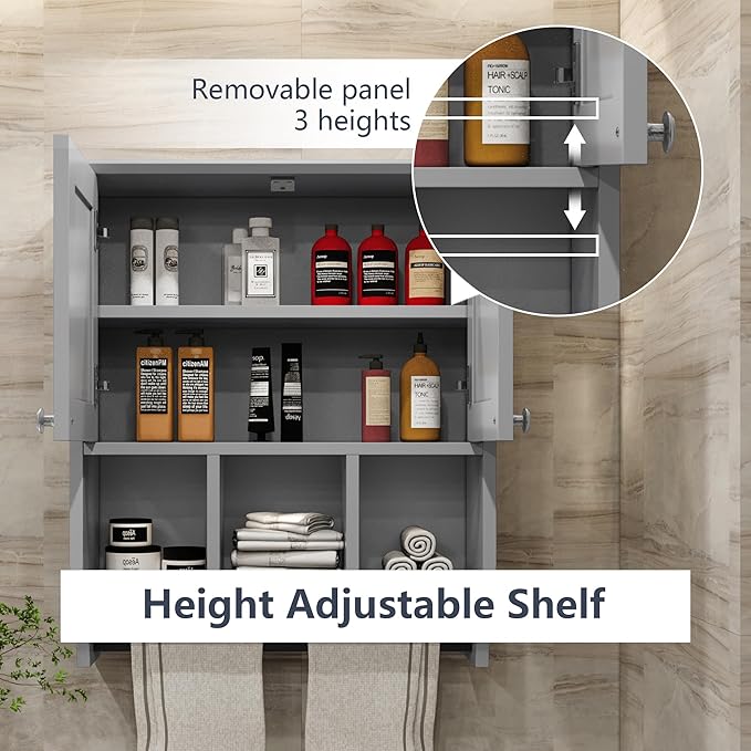 Medicine Cabinets, Bathroom Cabinet Wall Mounted 2-Door with 3 Open Shelves, Over The Toilet Storage Cabinet with Towels Bar for Toilet, Bathroom (Grey)
