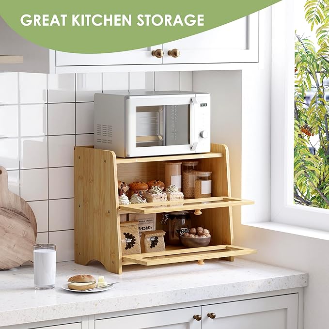 Double Layer Bread Box for Kitchen Countertop, Large Breadbox Bread Container Storage with Acrylic Door, Wooden Farmhouse Bread Holder (Bamboo, Medim-15.7" L x 9.5" W x 13" H)