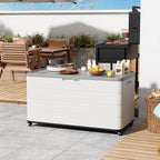 110 Gallon Deck Box Waterproof with Wheels - Mobile Double-Wall Resin Outdoor Storage Box for Patio, Pool, & Garden - Lockable Deck Storage for Cushions, Pool Floats, Boat Slip (Off-White)