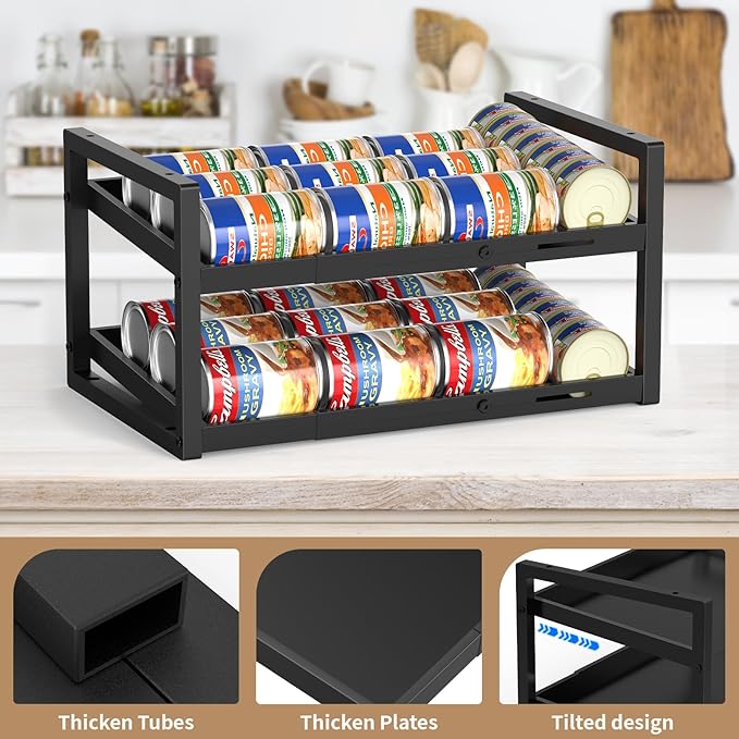 2-Tier Can Organizer for Pantry, Expandable Length Can Rack for Kitchen Shelf Organizer and Storage, Sturdy Metal Standing Can Holder for Canned Soup Soda Food Goods Storage, Stackable