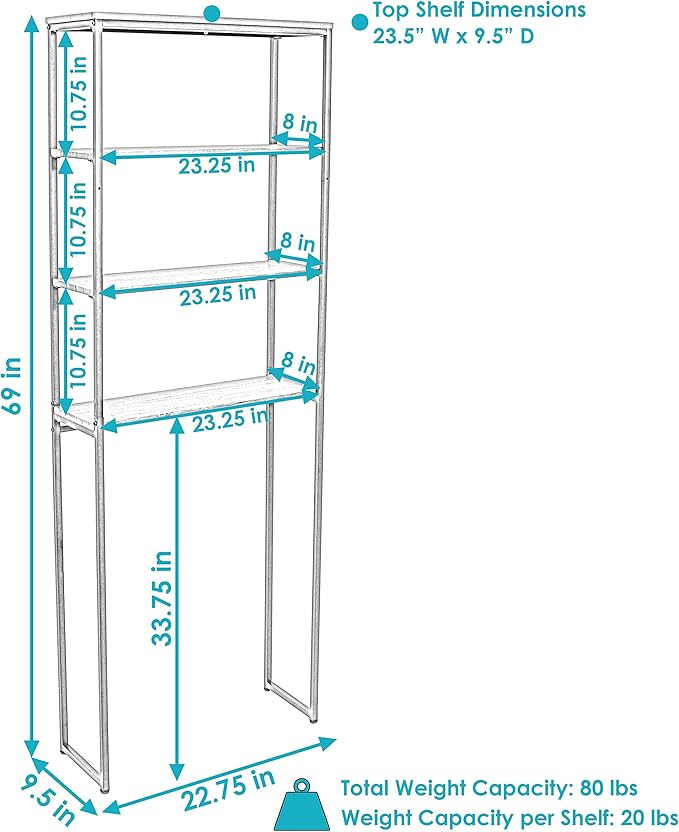 Sunnydaze 69-Inch 4-Tier Over-the-Toilet Shelf - Open Shelves, Veneer Finish and Black Iron Frame - Teak Color