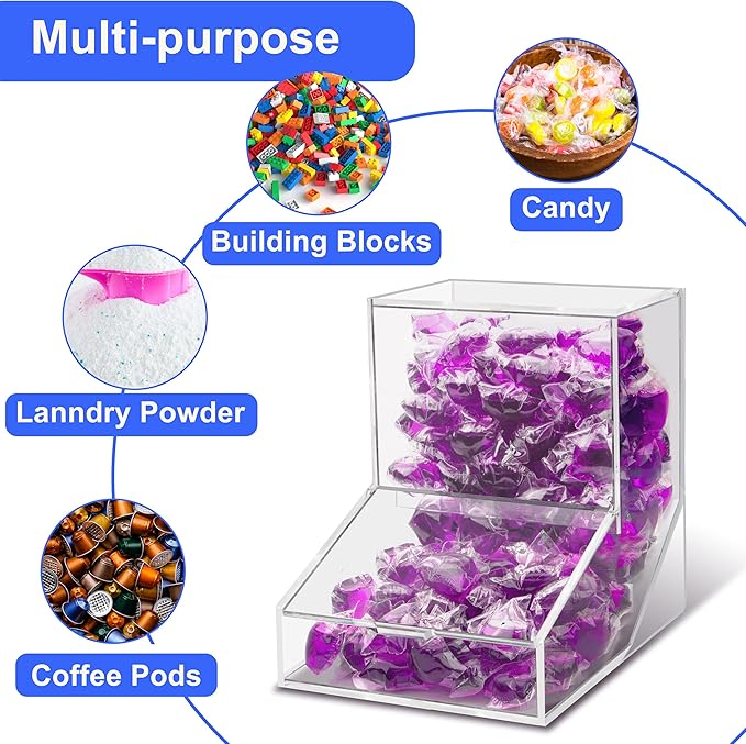 Laundry Pods Container with Spoon, Acrylic Candy Dispenser with 2 Lid, Dishwasher Pod Holder, Laundry Detergent Container, Laundry Organization for Laundry Room, kitchen, Office Used- Stand, 1pcs
