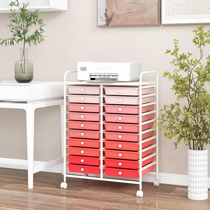 GOFLAME 20-Drawer Rolling Storage Cart, Multifunctional Art Craft Organizer, Mobile Utility Storage with Removable Drawers & Lockable Wheels, Craft Cart for Home Office School, Pink Gradient