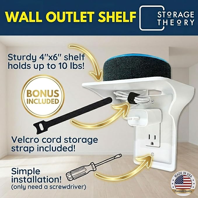 BeraTek Power Perch Wall Outlet Shelf with Cord Storage Strap - Declutter & Reclaim Counter Space - Bathroom Shelf Alexa Holder, Charging Stand, Apple Homepod Mini Wall Mount - White, 1-Pack