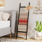 Blanket Ladder Towel Racks For Bathroom 5 Layers Towel Holder 100% Bamboo Wood Sturdy Construction No Need Wall Drilling Quilt Scarf Storage Solution Decorative Leaning Shelf for Living Room (Black)