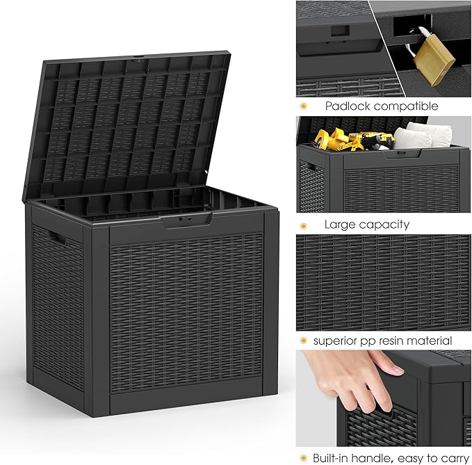 KAMABOKO 30 Gallon Outdoor Storage Box, Resin Deck Boxes Indoor and outdoor, Waterproof Storage Box Lockable Lid for Garden Tools, Package Delivery, Pool Supplies, Patio Cushions, Black