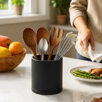 D'vine Dev 360° Rotating Utensil Holder – 5" Kitchen Utensil Crock for Countertop, Modern Cooking Tool Organizer for Kitchen Storage & Décor, Black, 72-X-B-1