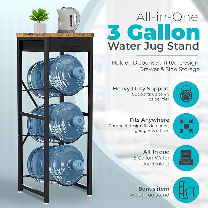 5 Gallon Water Jug Holder Stand 3-Tier Water Bottle Storage Rack & Dispenser Organizer with Stainless Steel Frame, BPA-Free Fast-Flow Spout, Heavy-Duty Wood Top Shelf for Home Kitchen & Office