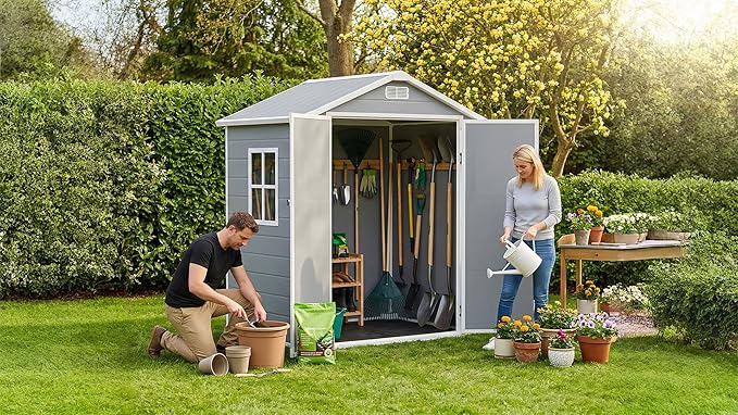 AIRAJ 6x4 FT Outdoor Storage Shed,Resin Storage Shed with Floor/Window/Vent/Roof Rainwater Drainage/Lockable Door,All-Weather Garden House,for Backyard, Garden,Poolside,Bike,Lawn Mower,Patio Furniture