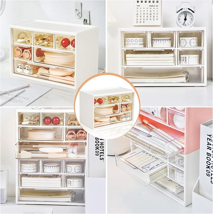 Mini Desk Storage Organizer with 6 Drawers, FODIENS Stackable Desktop Craft Drawer Cabinet, Clear Storage Box Caddy for Makeup Jewelry Office Craft Supplies (White)
