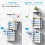 Towel Rack for Bathroom, Wall Mounted Vertical Rolled Towel Storage Organizer Holder with Shelf, Holds Up 6 Large Bath Sheets, White