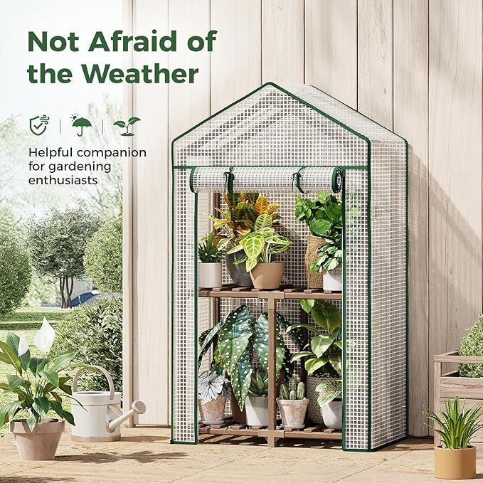 Bamworld Mini Greenhouse Indoor Outdoor 2-Tierd Reusable Portable Warm House with PE Cover Compact Garden and Backyards Portable Rack with Sturdy Eucalyptus Frame Winter-Proof for Plant Protection